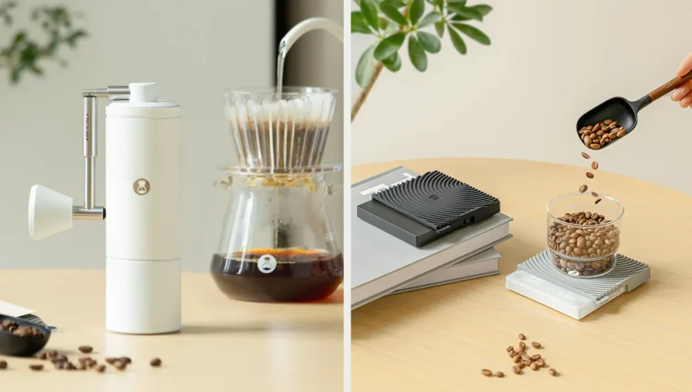 TIMEMORE Chestnut C5 Pro fehér kézi kávéőrlő és egy TIMEMORE Black Mirror Mini espresso fehér kávémérleg