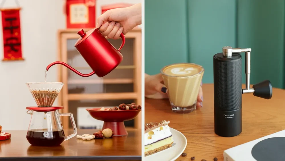 TIMEMORE C3S + Fish 03 hordozható pour-over ajándék szett piros színben és TIMEMORE Chestnut C3 Esp Pro fekete kézi kávéőrlő