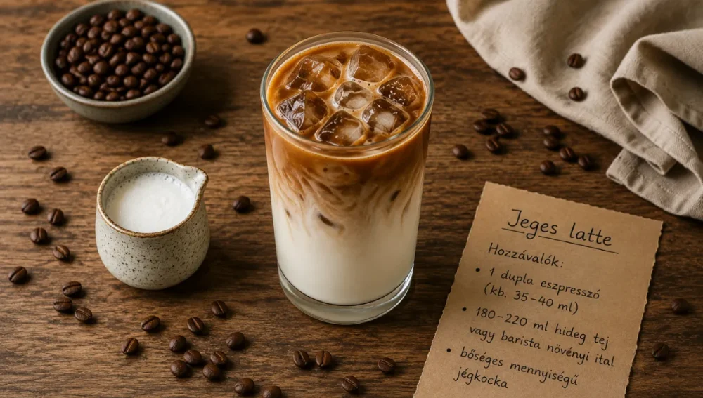 A képen középen egy jeges latte van. Balra mellette fent egy kis tálkában kávészemek, alatta egy kis csészében tej. Jobbra pedig egy cetlin a jeges latte receptje olvasható