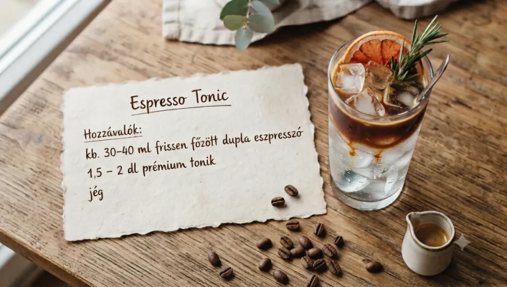 A képen olvasható az espresso tonic hozzávalói olvashatók, mellette egy pohár espresso tonic-al.