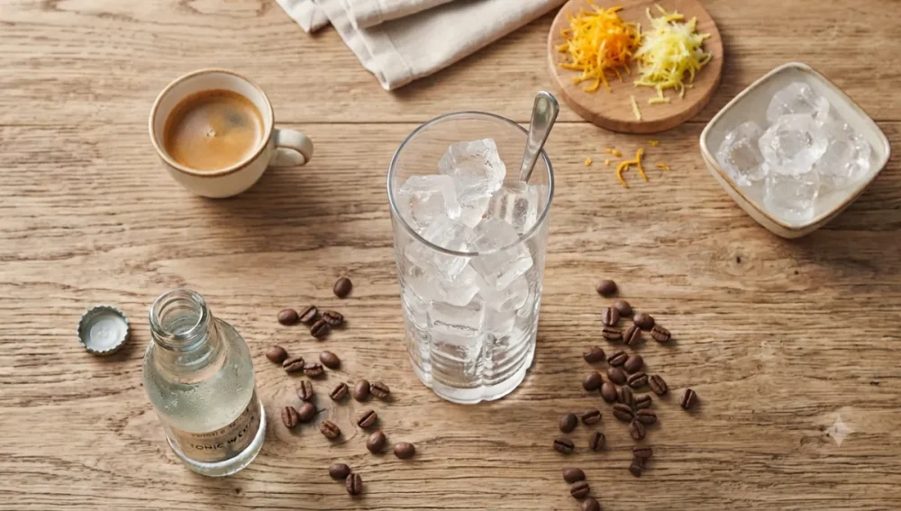A képen az espresso tonic alapanyagai vannak. Egy csésze kávé, egy üveg tonic, egy pohár jég citrom és narancshéj.