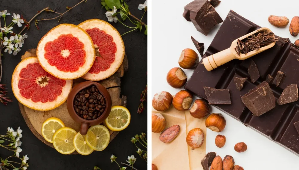 Citrusok, kávészemek, csokoládé, mogyoró